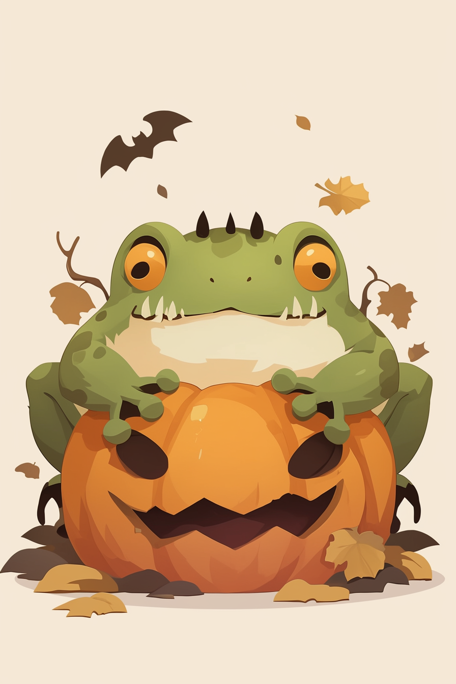 halloween frog drawing ideas 2 featuring a frightened frog sitting on a carved pumpkin surrounded by falling leaves and bats.